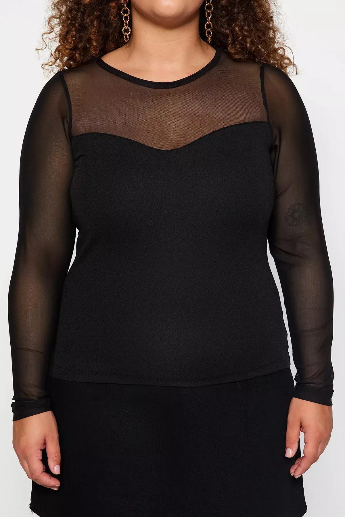 Black Sweetheart Neck Tulle Knitted Blouse, BLACK, large image number 3