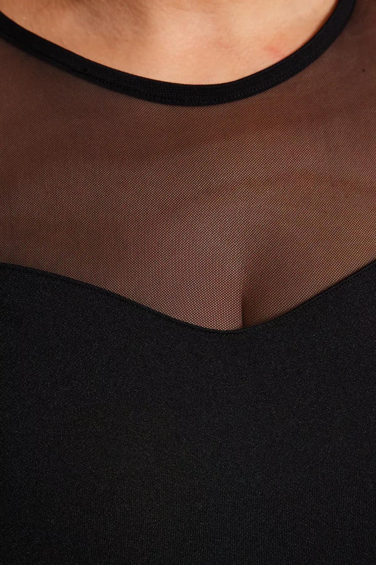 Black Sweetheart Neck Tulle Knitted Blouse, BLACK, large image number 4