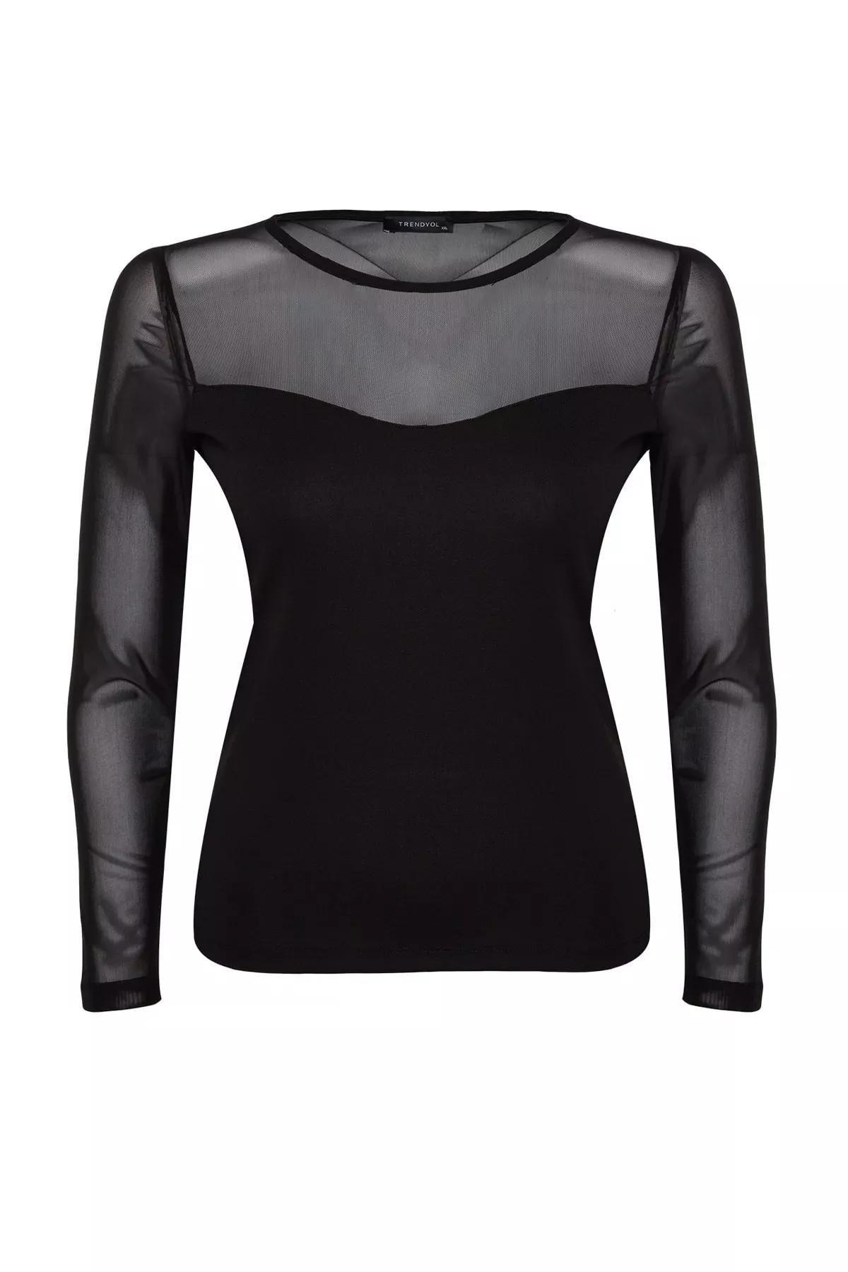 Black Sweetheart Neck Tulle Knitted Blouse, BLACK, large image number 5