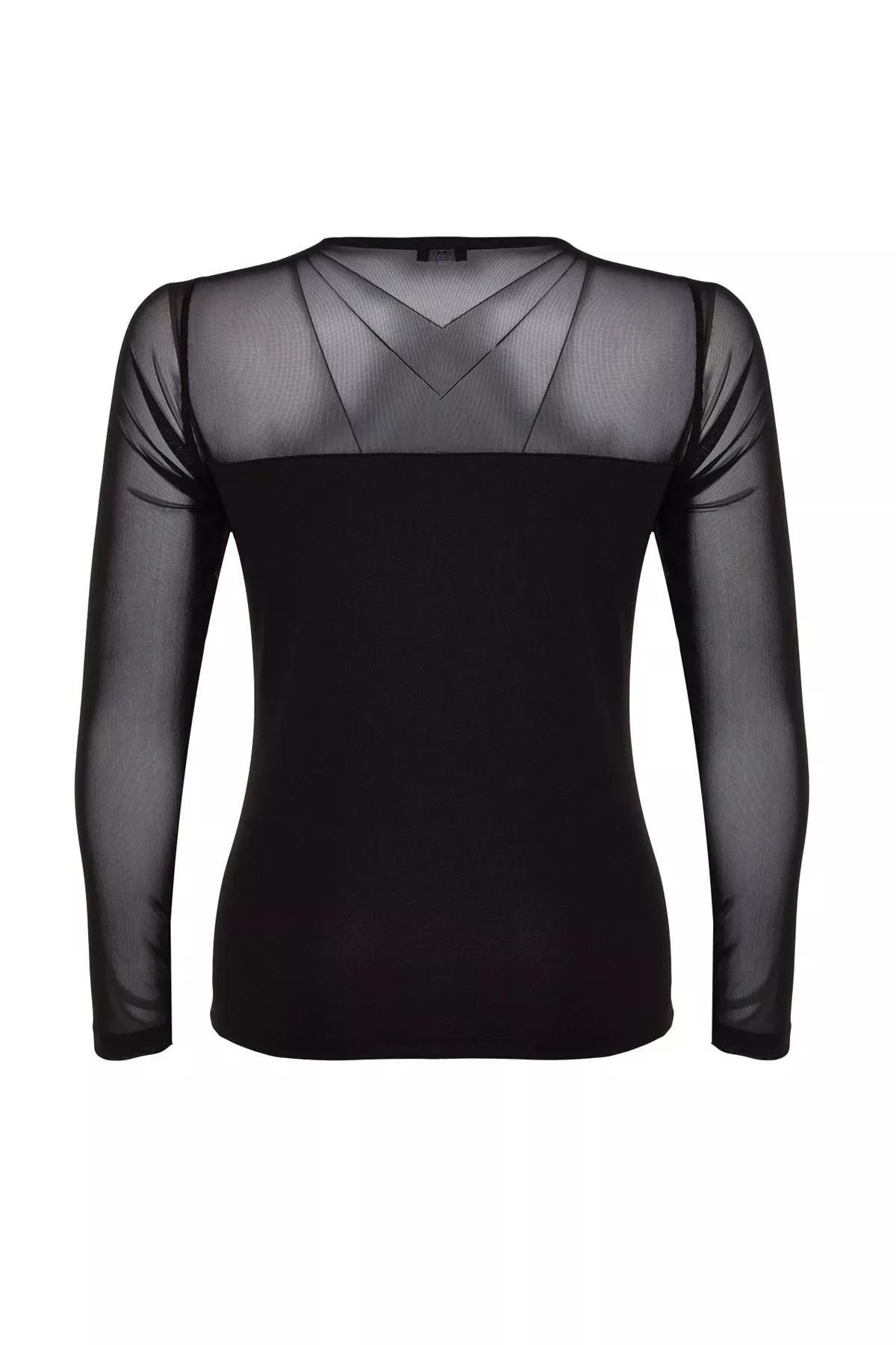 Black Sweetheart Neck Tulle Knitted Blouse, BLACK, large image number 7