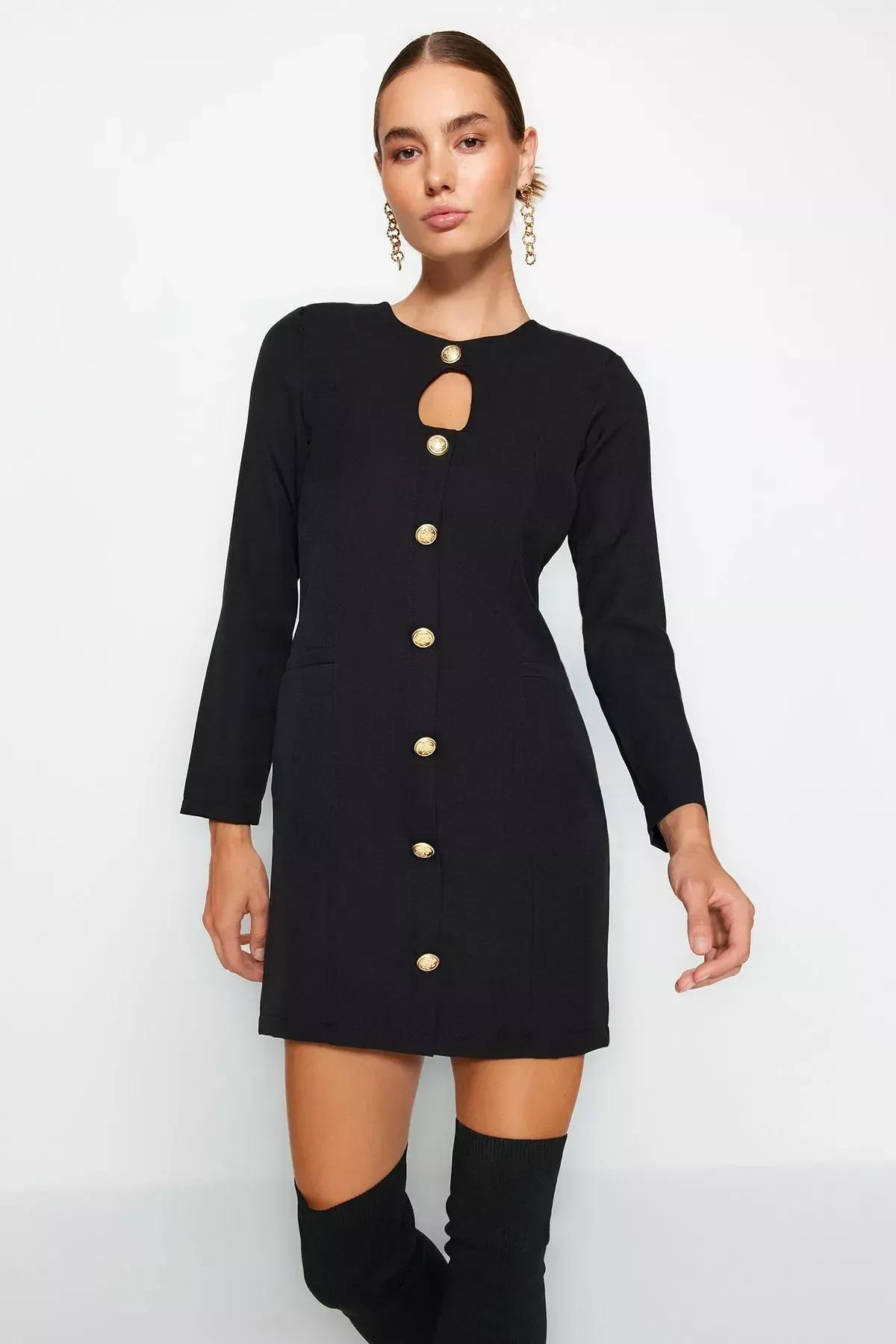 Black Buttoned Knitted Mini Dress, BLACK, medium