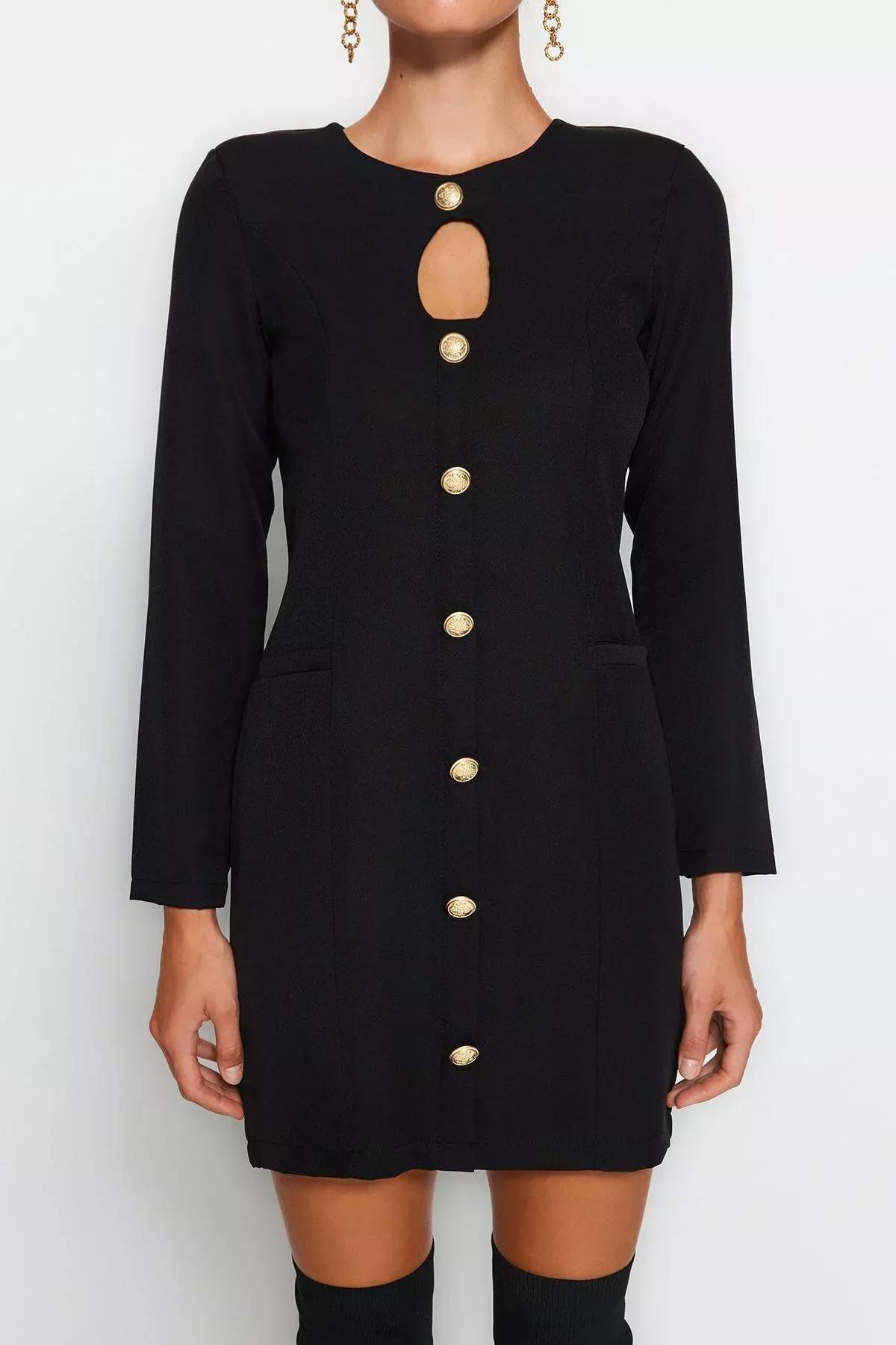 Black Buttoned Knitted Mini Dress, BLACK, large image number 2