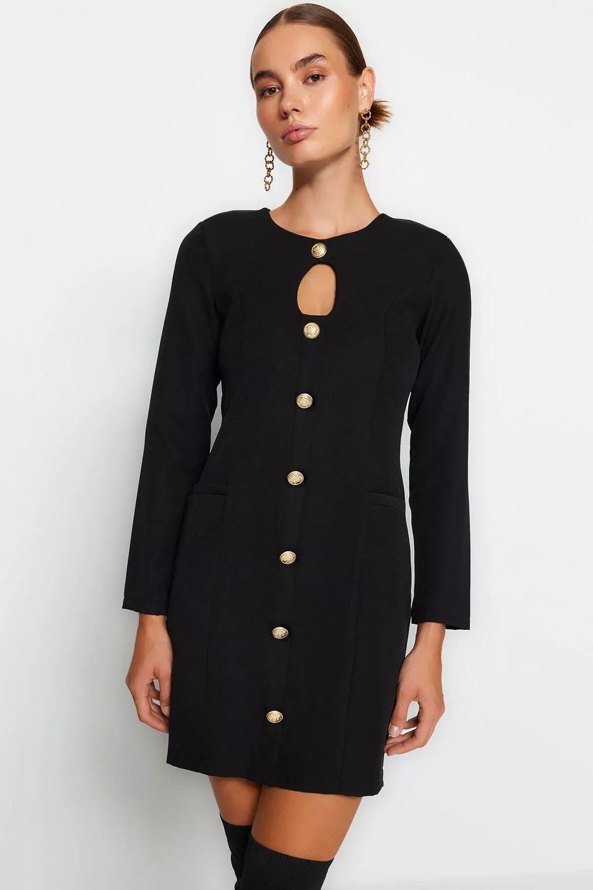 Black Buttoned Knitted Mini Dress, BLACK, medium