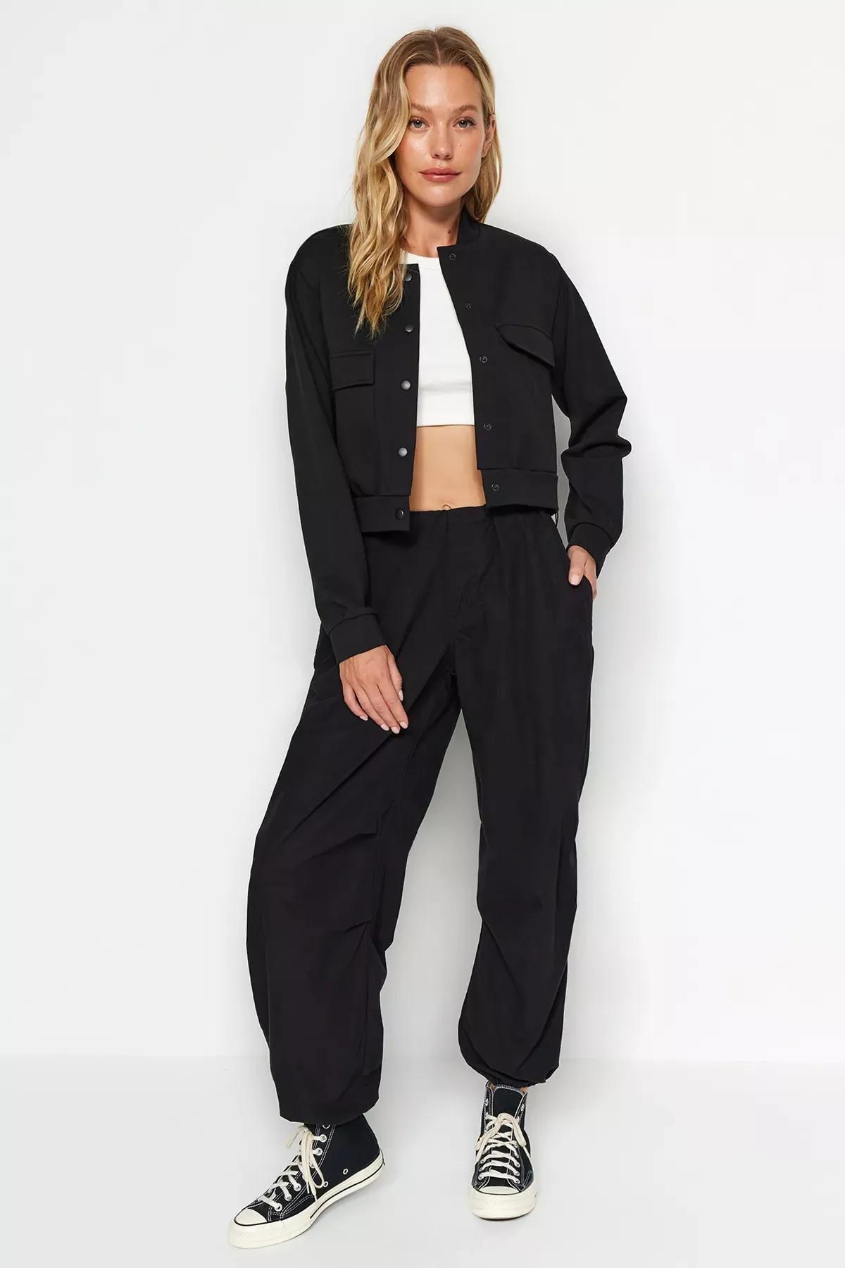 Black Waistband Buttoned Jacket, BLACK, large image number 2