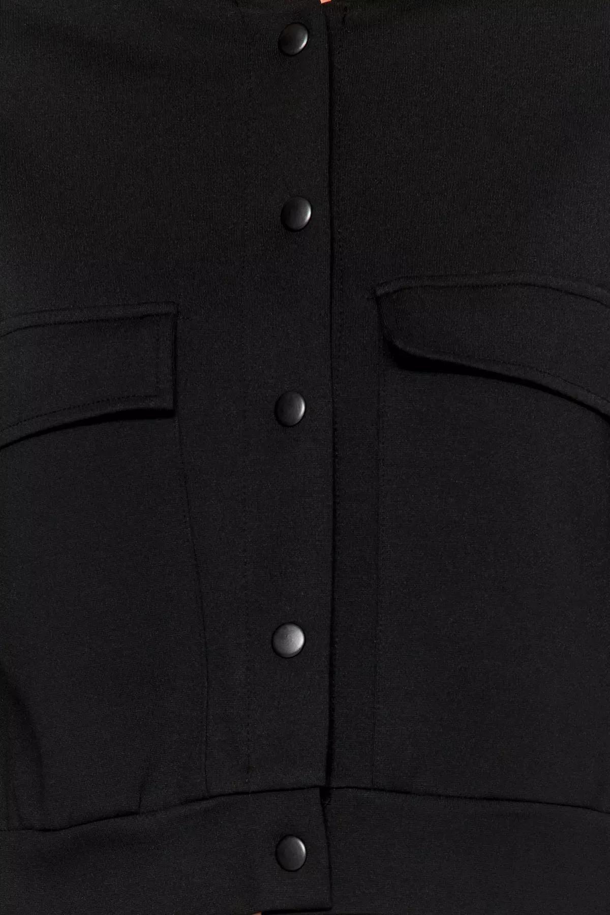 Black Waistband Buttoned Jacket, BLACK, large image number 3
