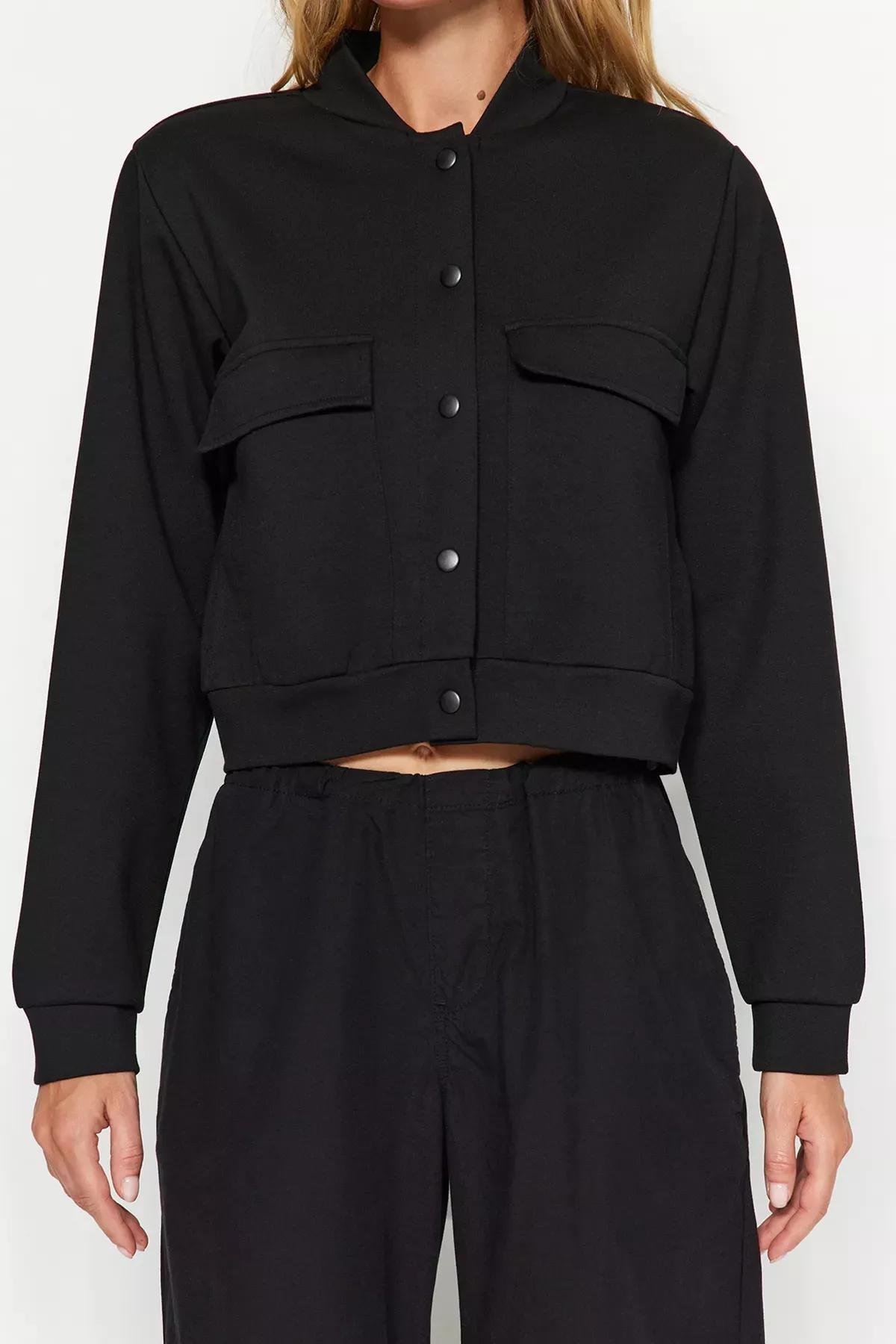 Black Waistband Buttoned Jacket, BLACK, large image number 4