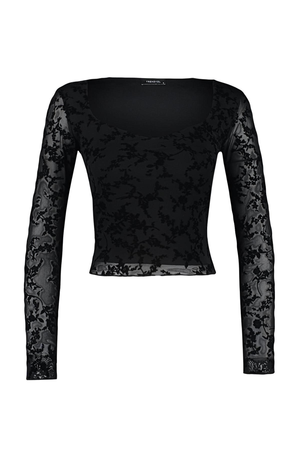 Black Sticky Flock Printed Sweetheart Collar Blouse, , large image number 5