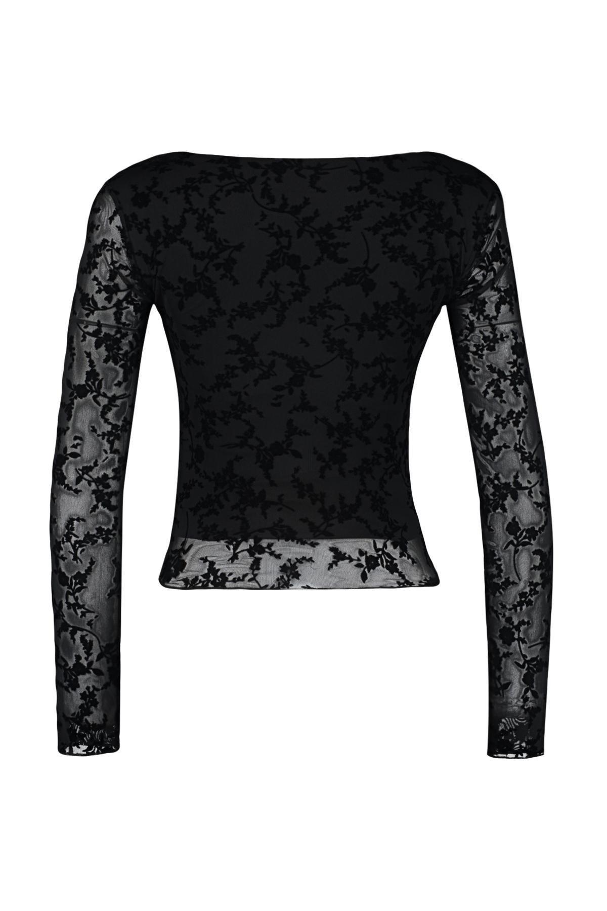 Black Sticky Flock Printed Sweetheart Collar Blouse, , large image number 6