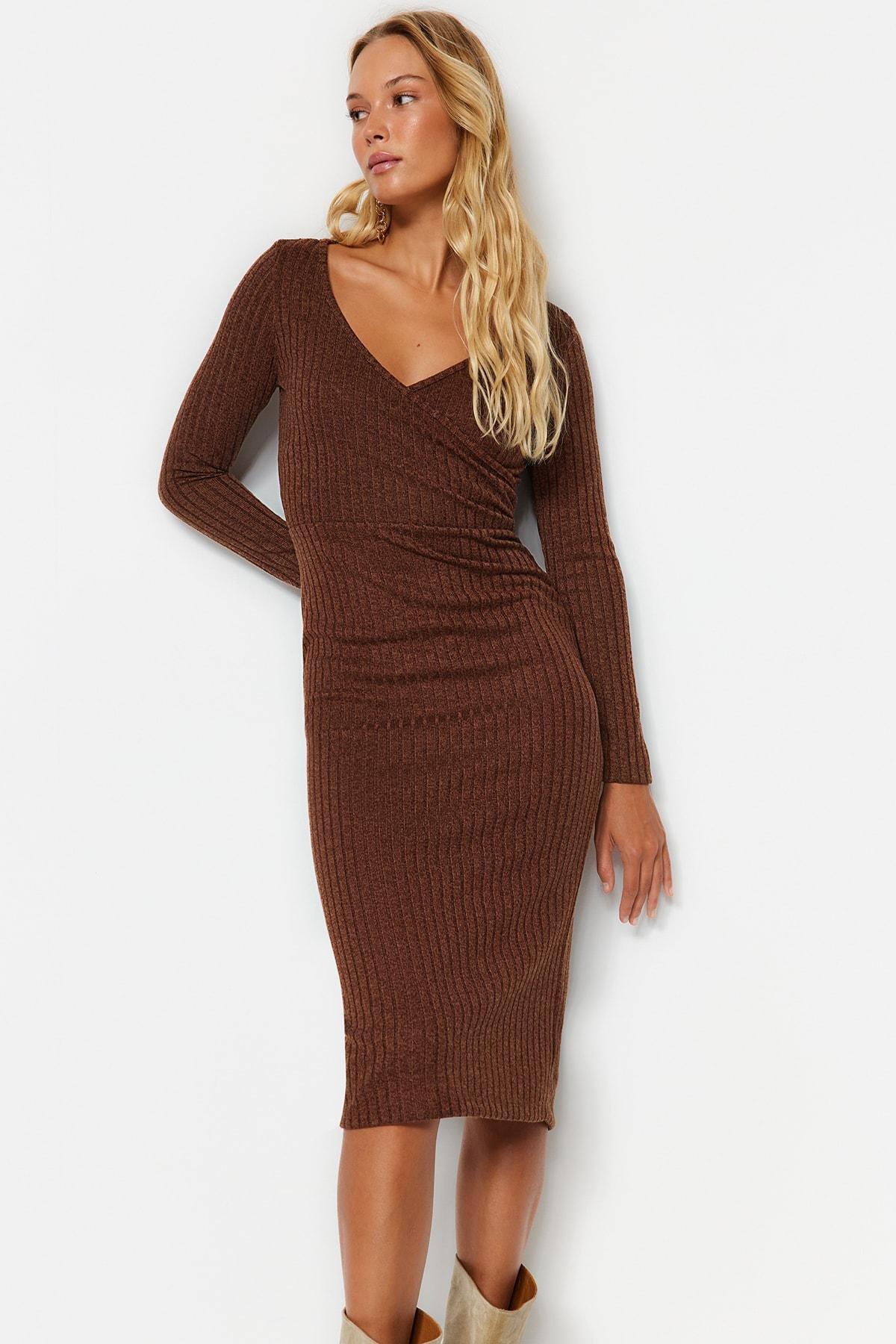 Trendyol - Brown Double Breasted Knitted Midi Dress