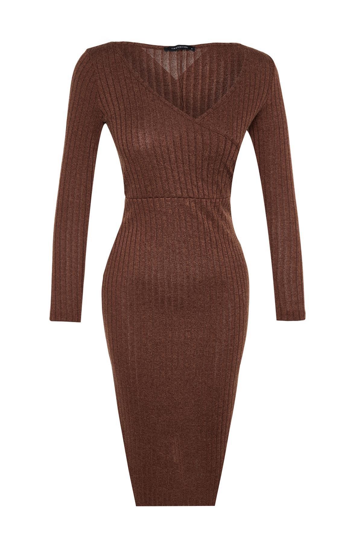 Trendyol - Brown Double Breasted Knitted Midi Dress