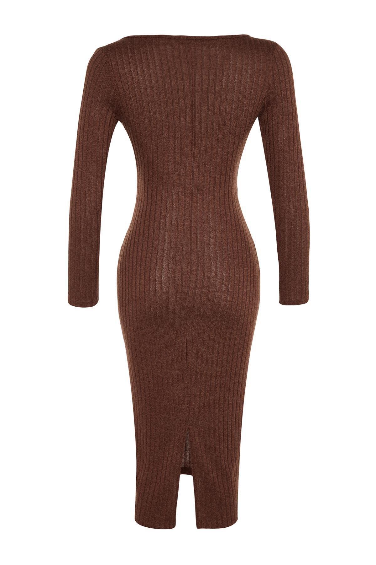 Trendyol - Brown Double Breasted Knitted Midi Dress