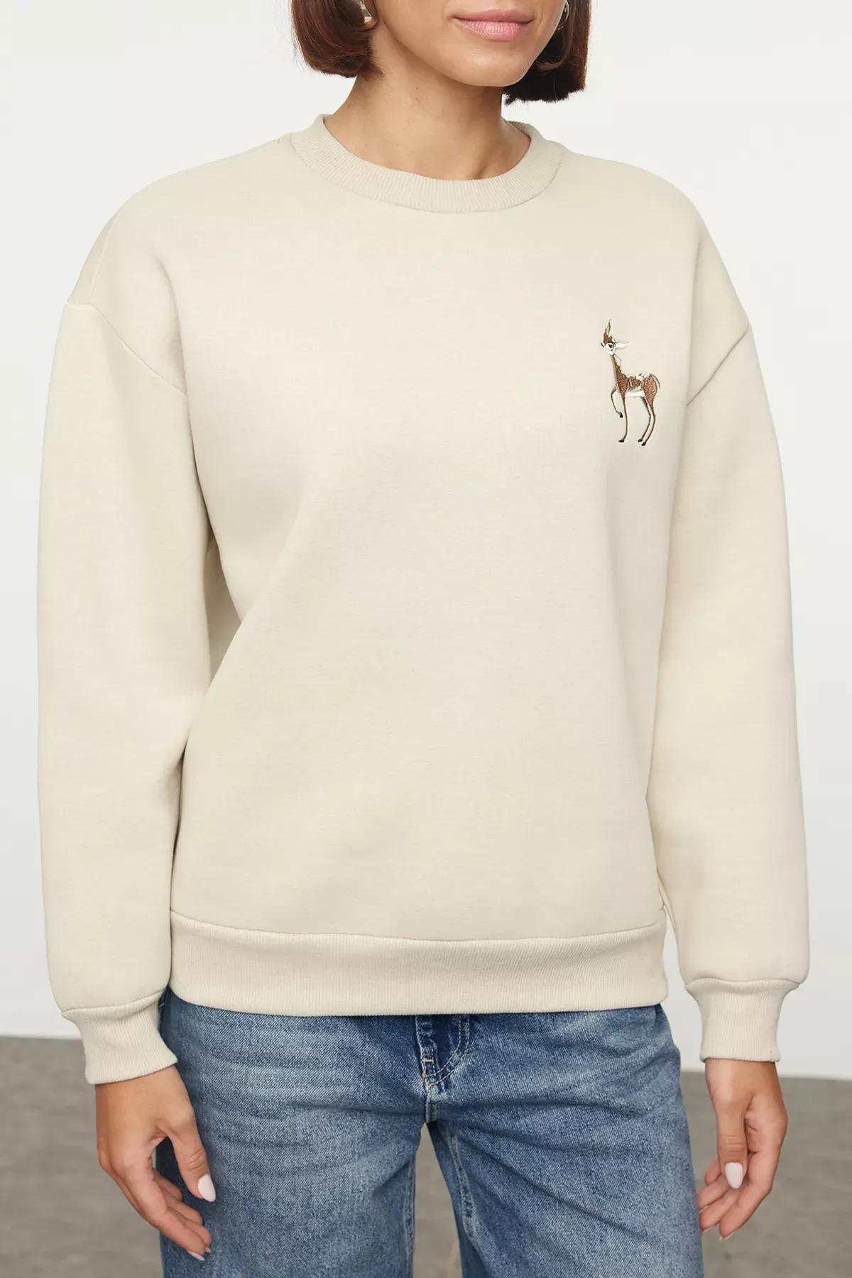 Beige Animal Embroidered Fleece Sweatshirt, STONE, medium