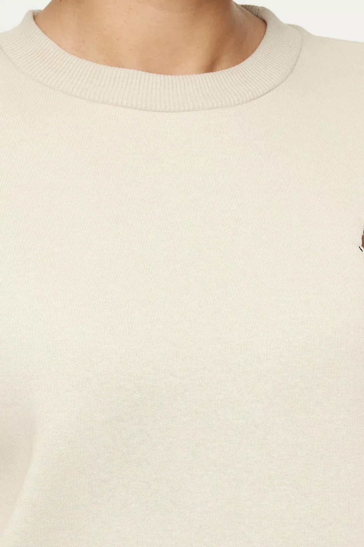 Beige Animal Embroidered Fleece Sweatshirt, STONE, medium