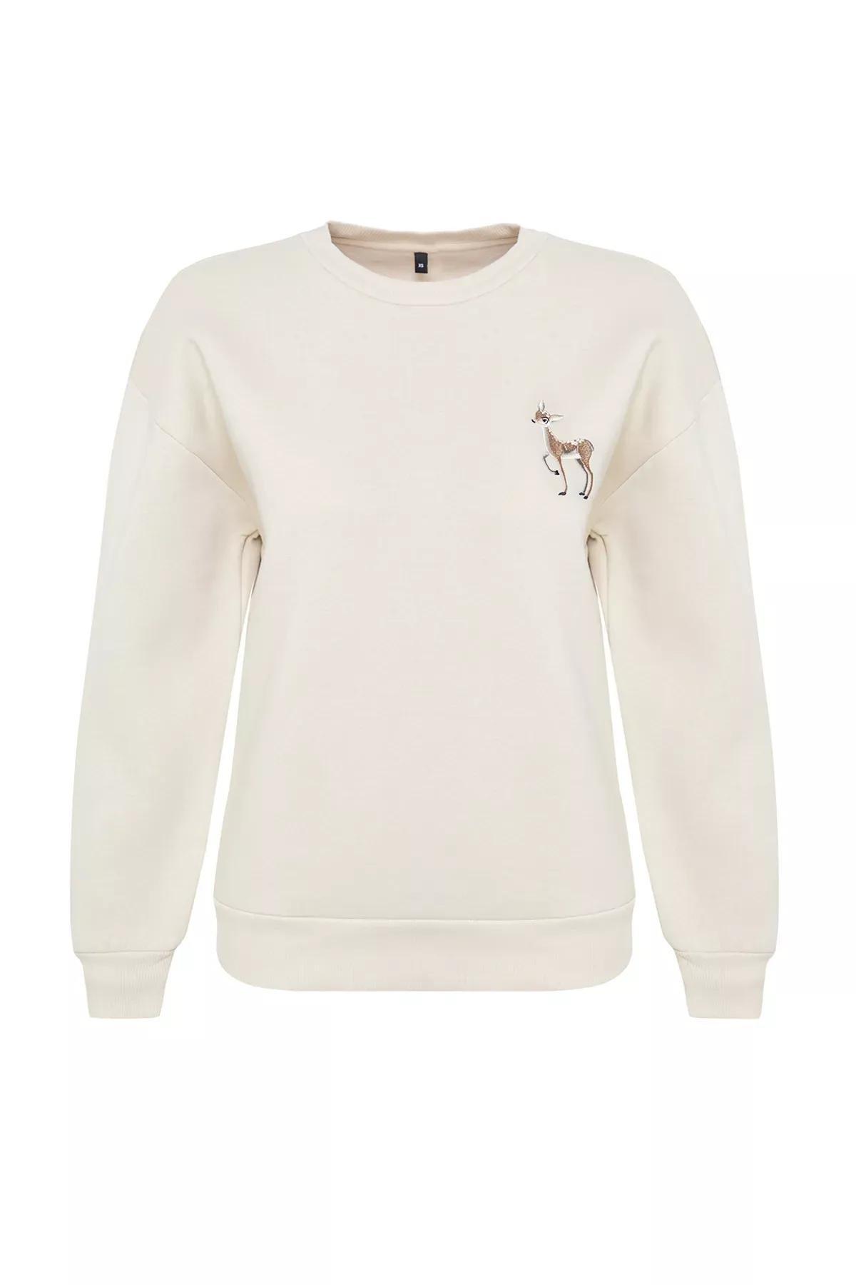 Beige Animal Embroidered Fleece Sweatshirt, STONE, large image number 4