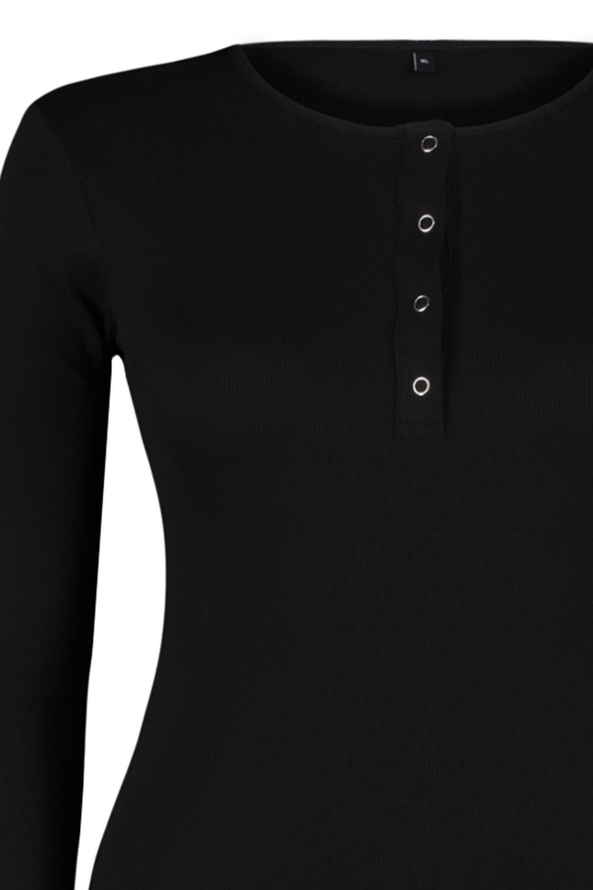 Black Ribbed Knitted Collared Dress, BLACK, large image number 3