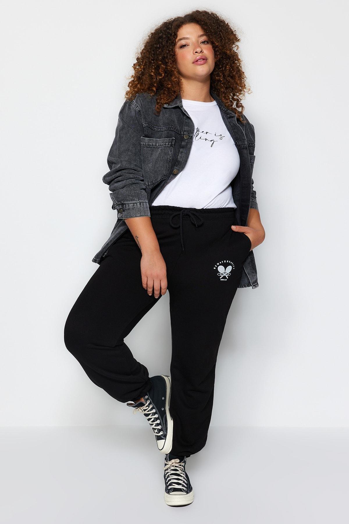 Black High Waist Printed Knitted Sweatpants, BLACK, large image number 0