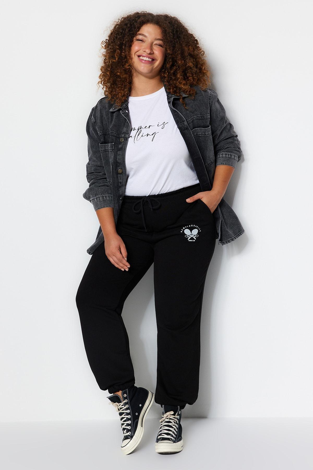 Black High Waist Printed Knitted Sweatpants, BLACK, large image number 1