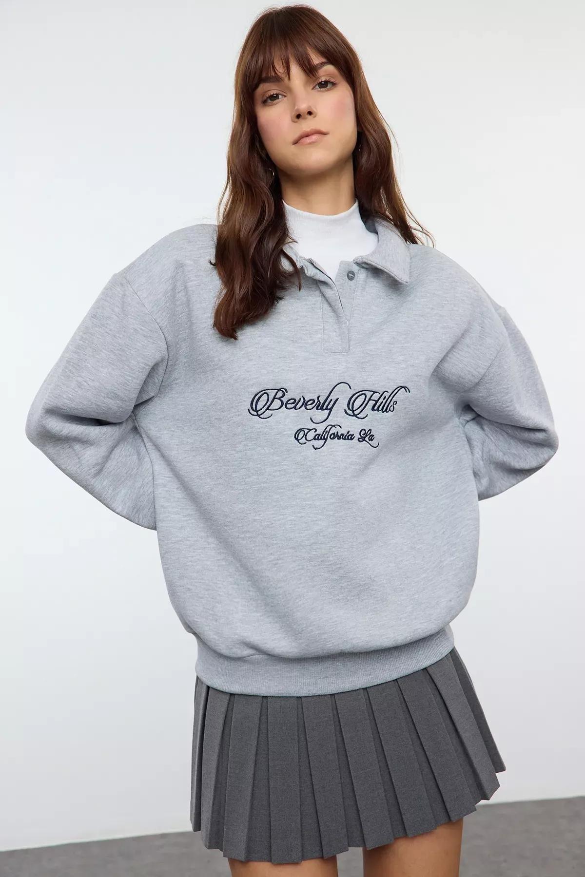 Grey Embroidered Fleece Knit Sweatshirt, GRAY MELANGE, large image number 0