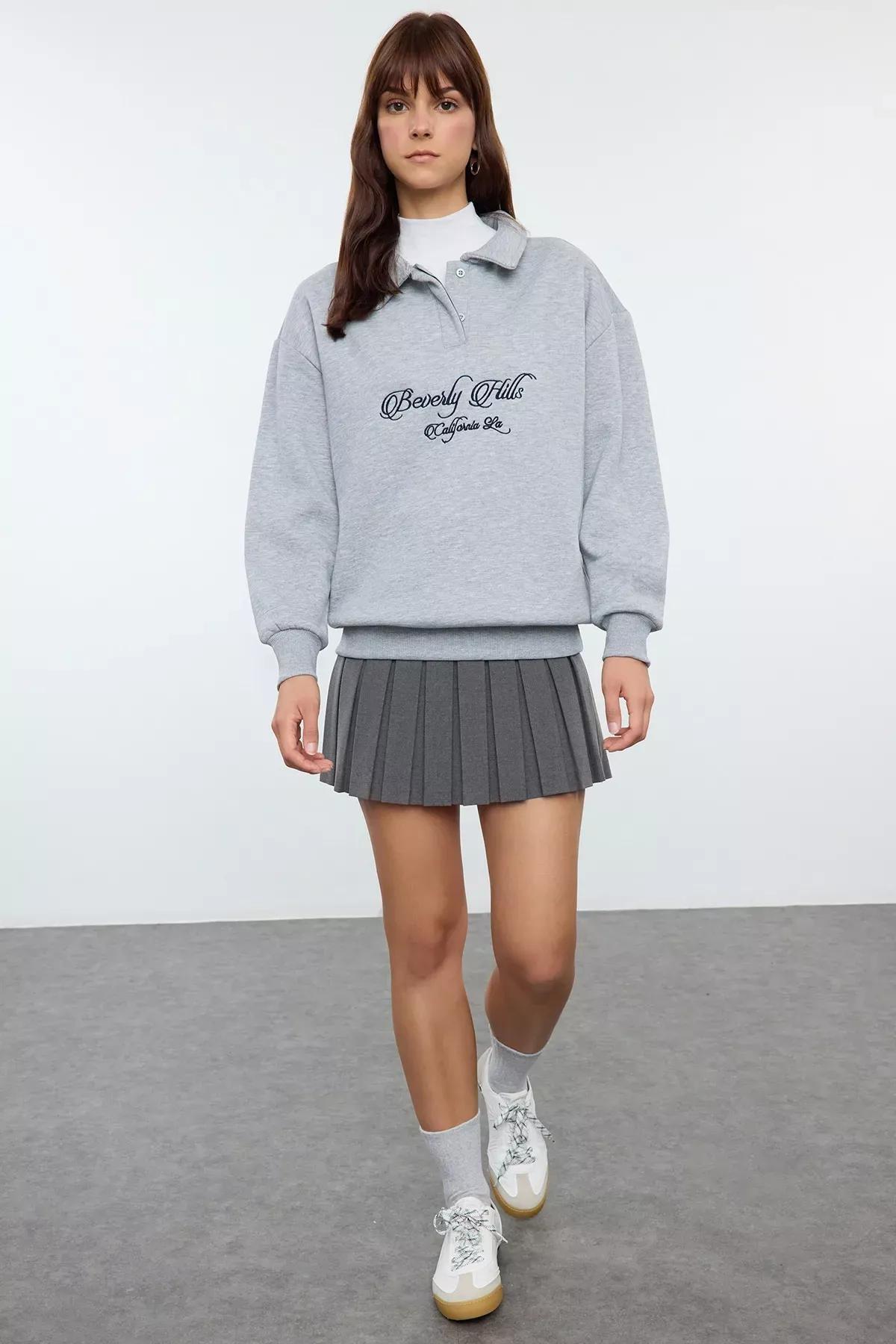 Grey Embroidered Fleece Knit Sweatshirt, GRAY MELANGE, large image number 1