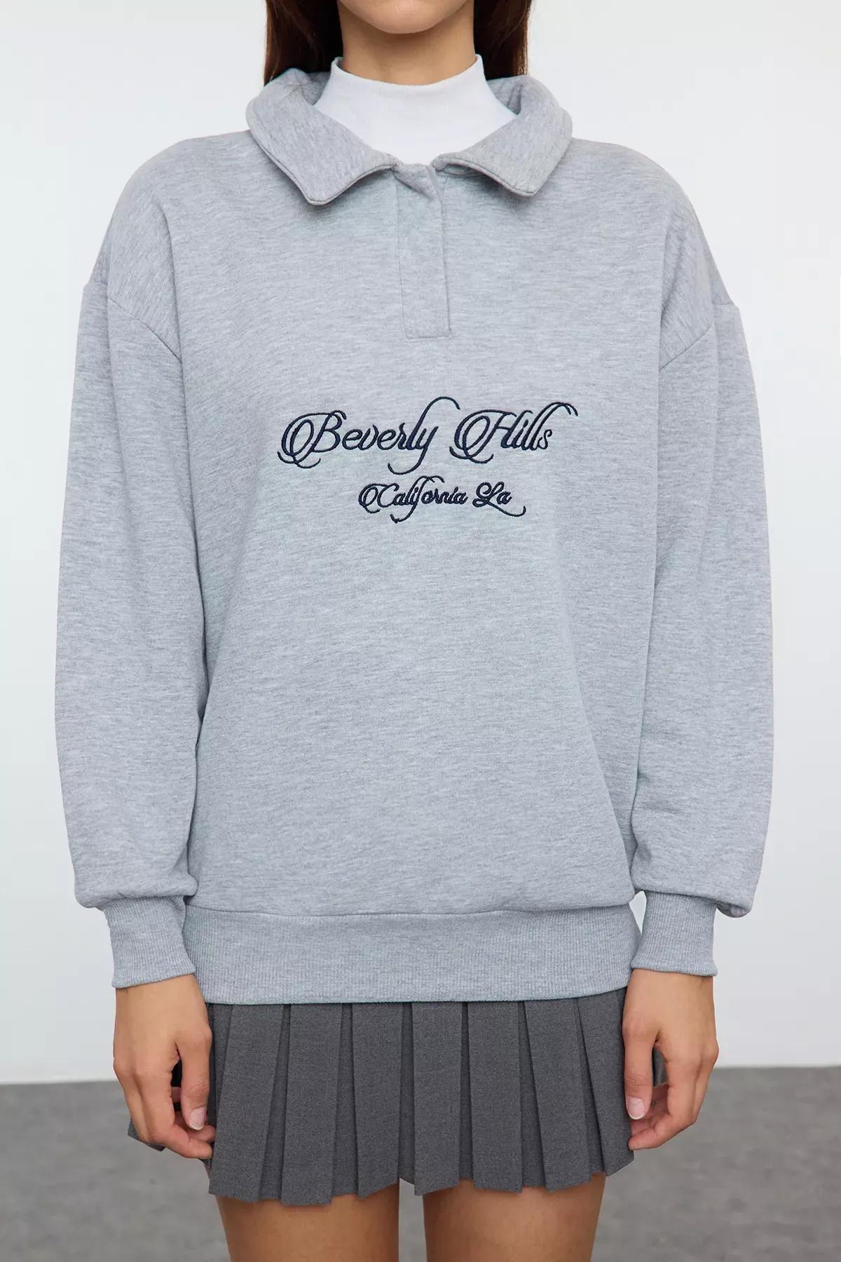 Grey Embroidered Fleece Knit Sweatshirt, GRAY MELANGE, large image number 2