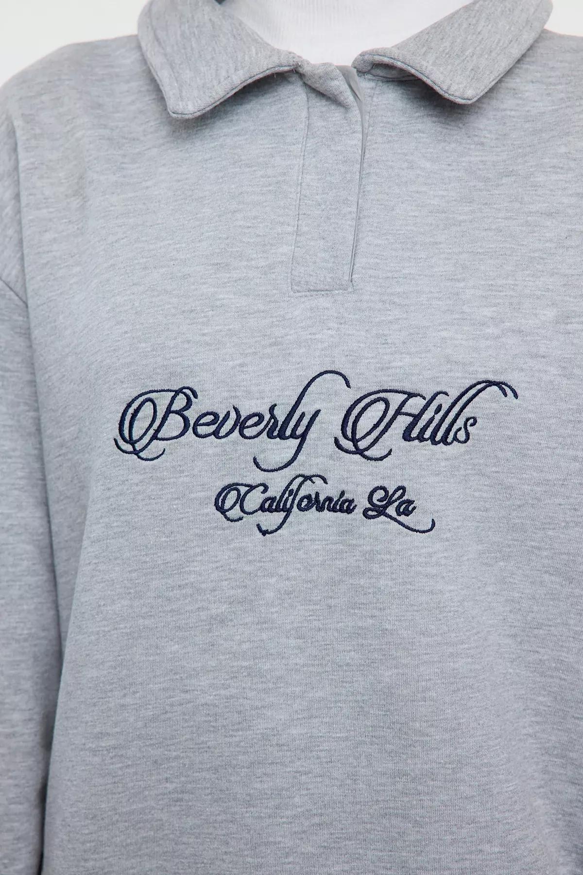 Grey Embroidered Fleece Knit Sweatshirt, GRAY MELANGE, large image number 3