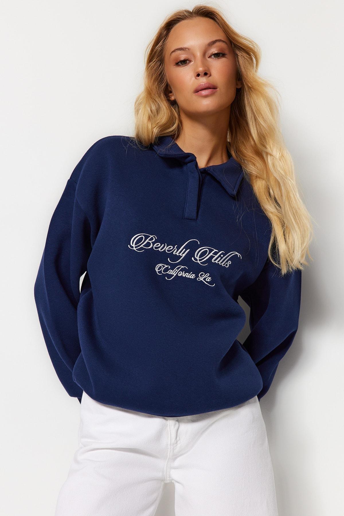 Navy Polo Collar Embroidered Knitted Sweatshirt, , medium
