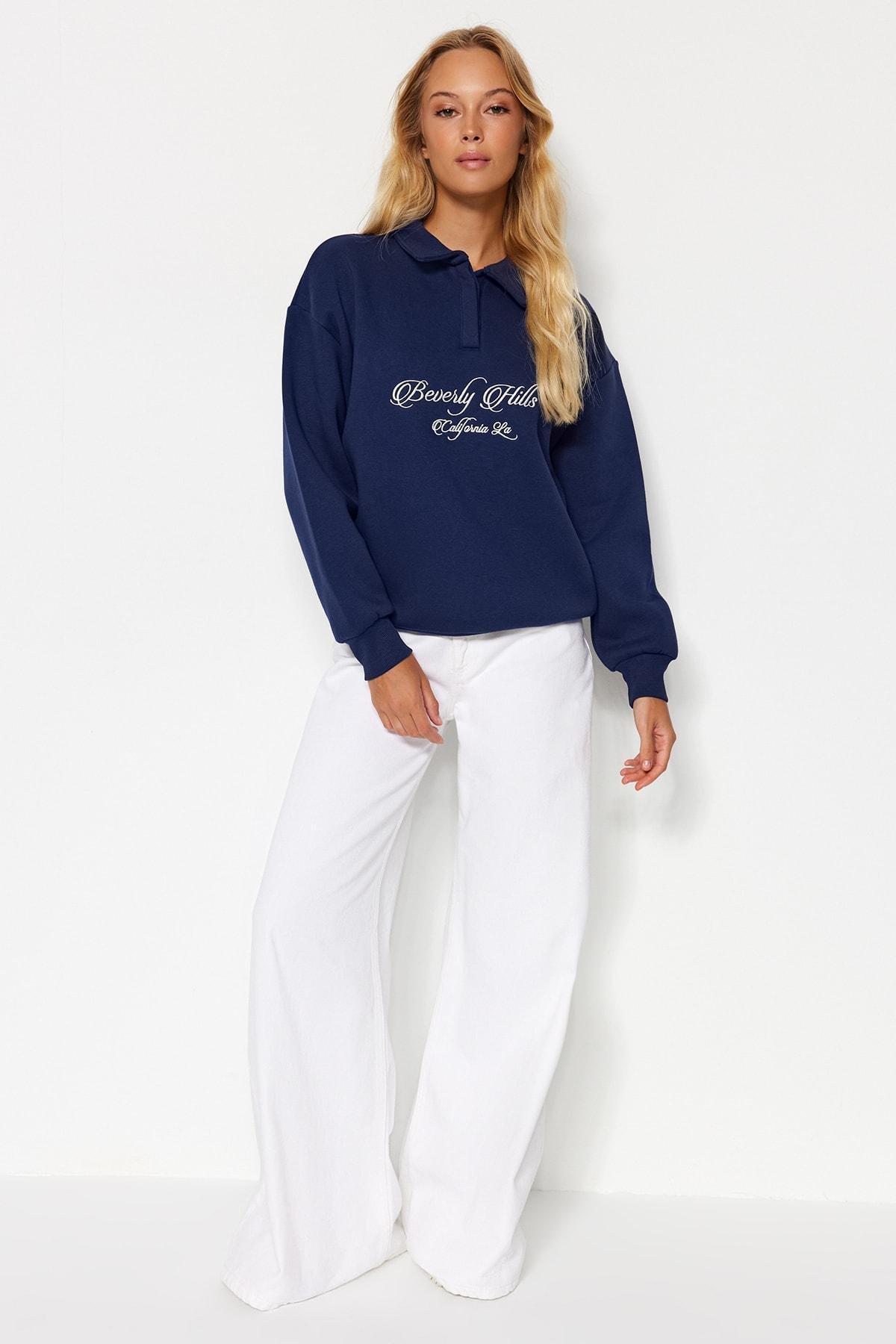 Navy Polo Collar Embroidered Knitted Sweatshirt, , large image number 1