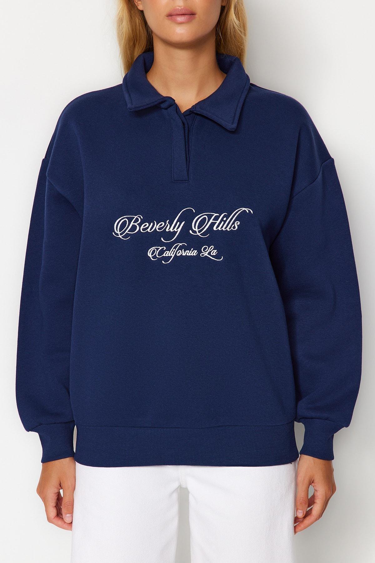 Navy Polo Collar Embroidered Knitted Sweatshirt, , large image number 3