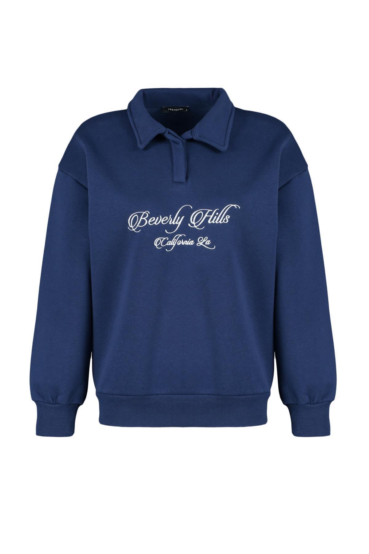 Navy Polo Collar Embroidered Knitted Sweatshirt, , large image number 5