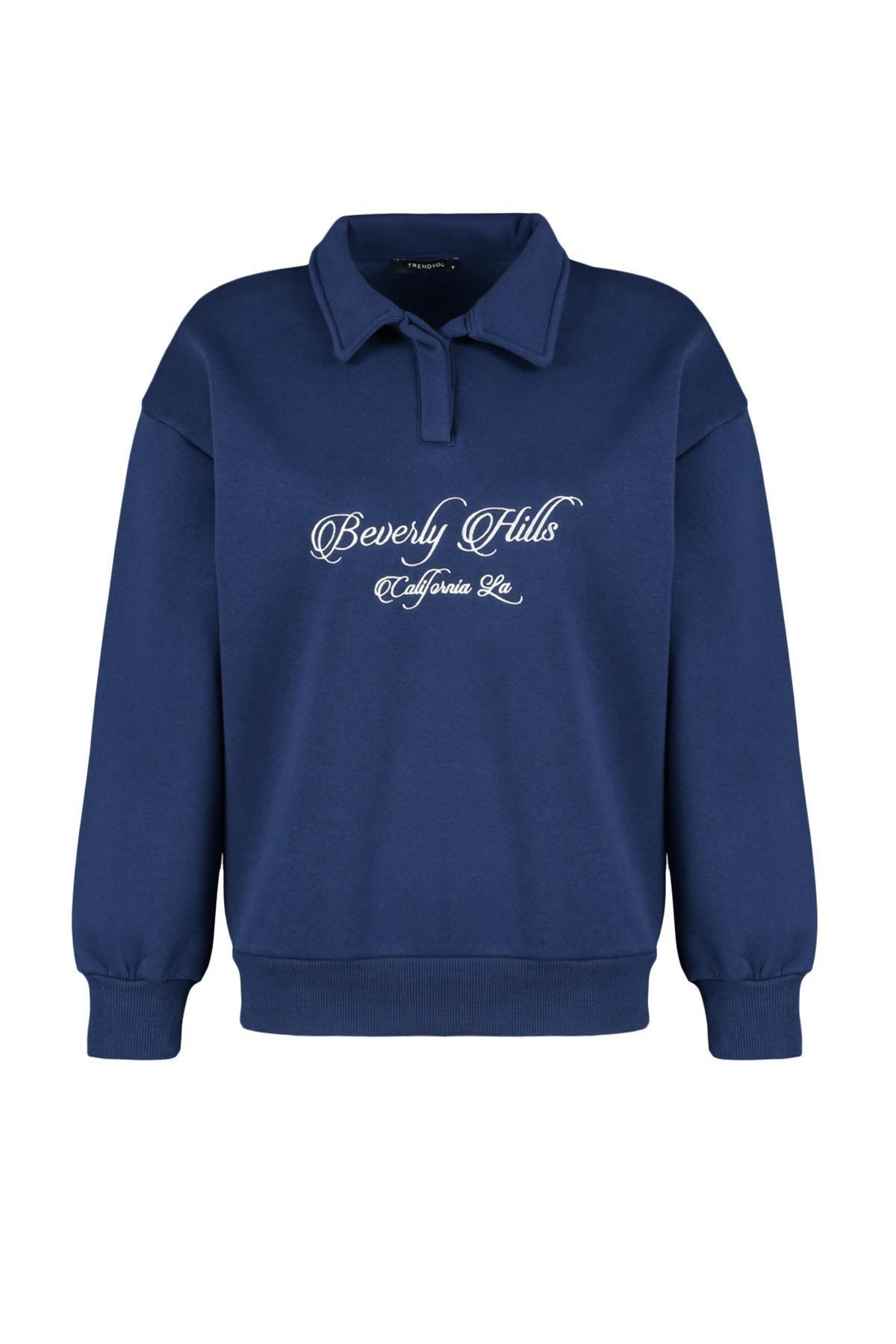 Trendyol - Navy Polo Collar Embroidered Knitted Sweatshirt