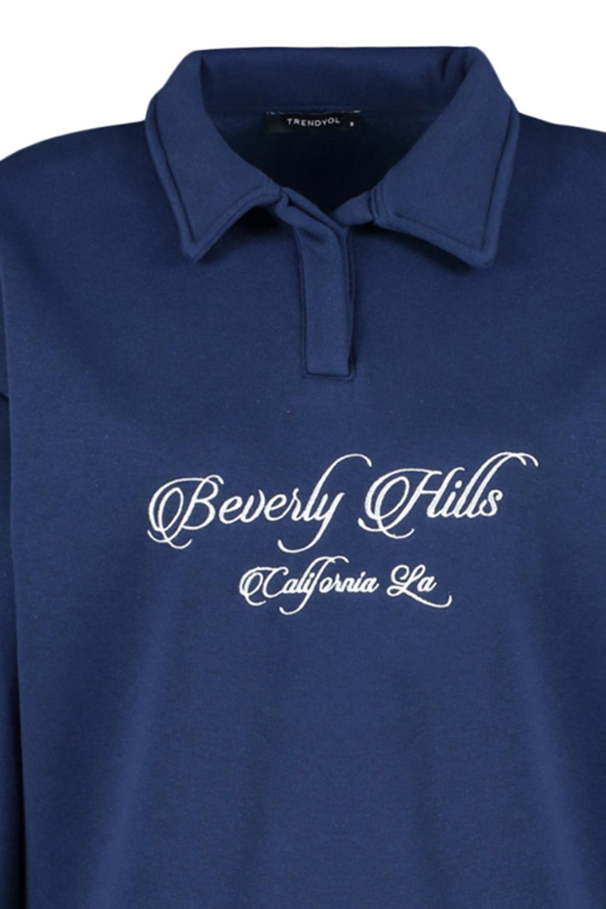 Navy Polo Collar Embroidered Knitted Sweatshirt, , large image number 6