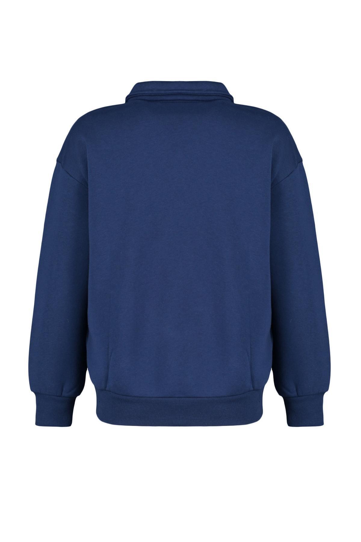 Trendyol - Navy Polo Collar Embroidered Knitted Sweatshirt