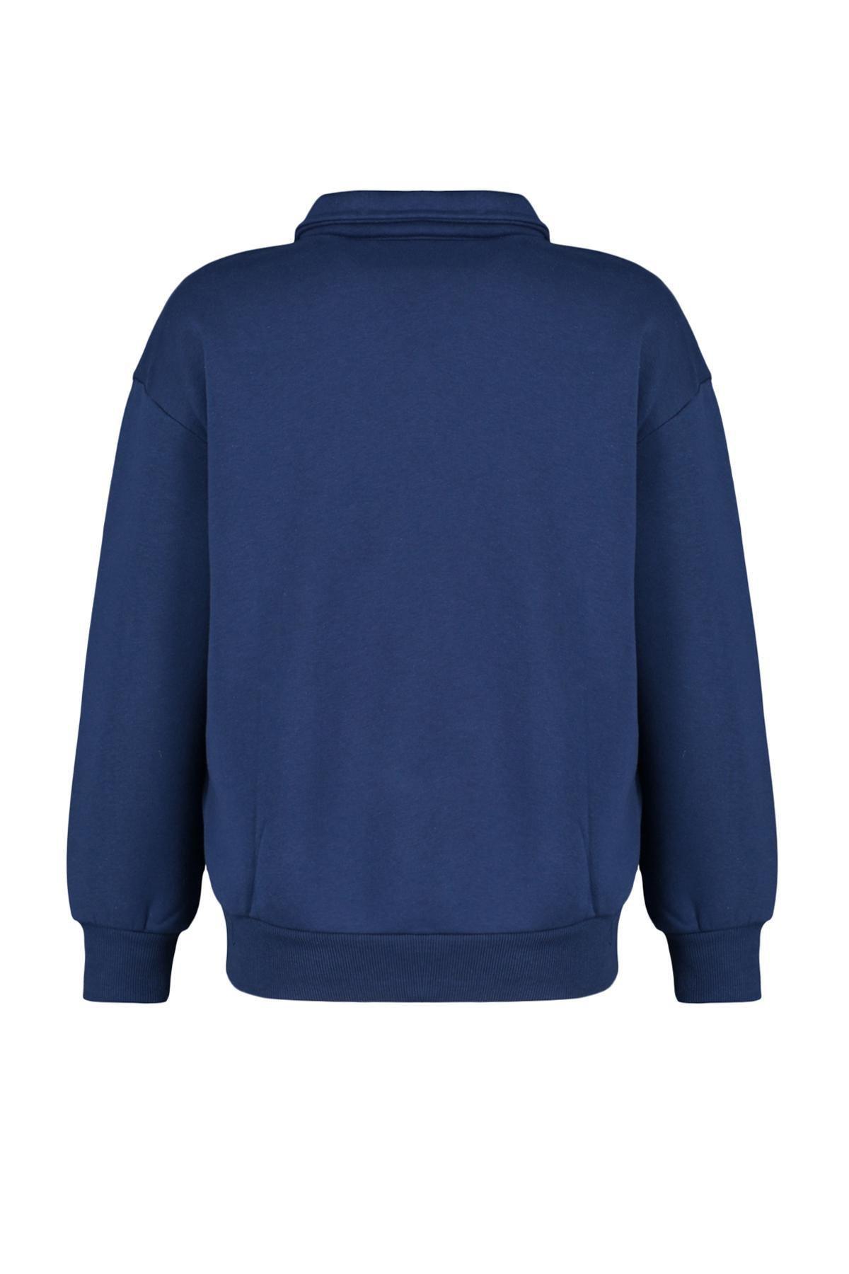 Navy Polo Collar Embroidered Knitted Sweatshirt, , large image number 7