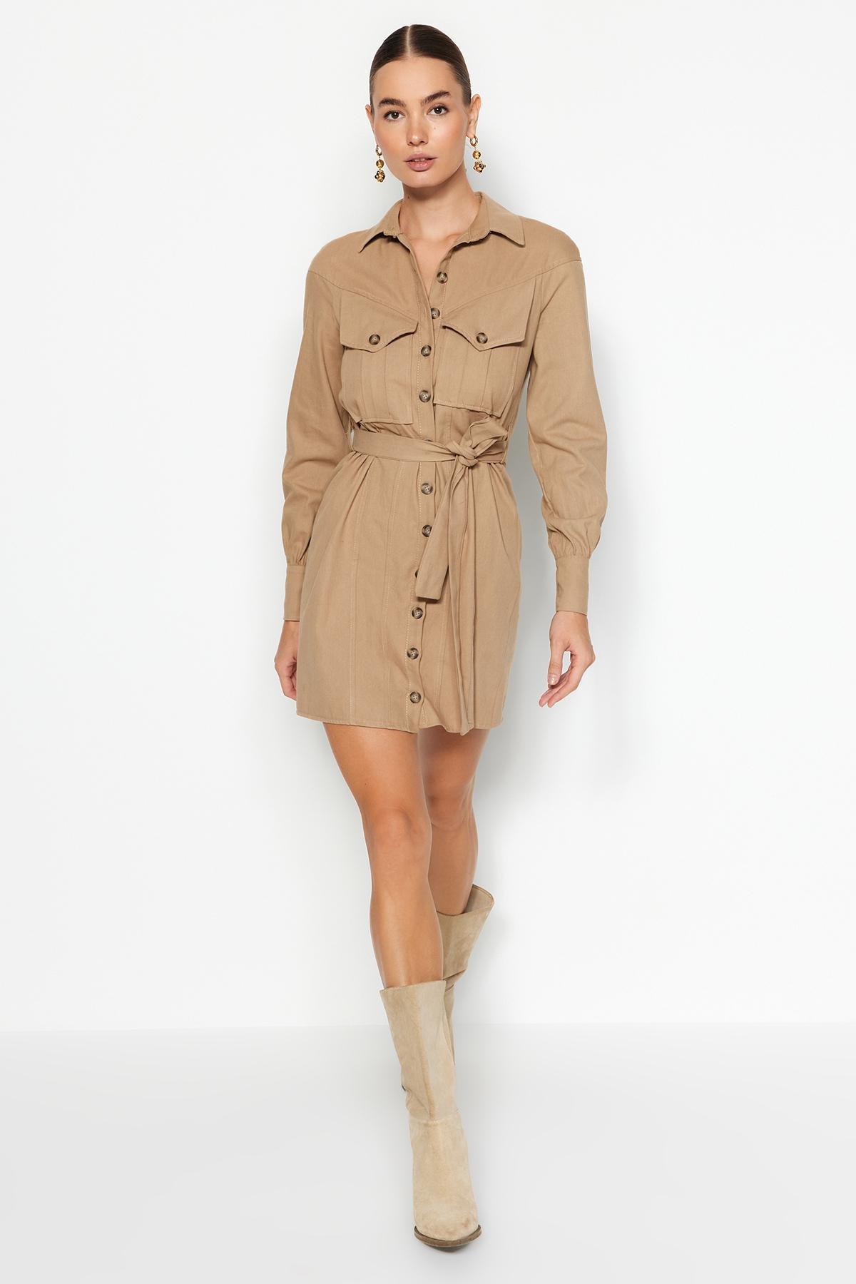 Trendyol - Beige Belted Knitted Shirt Dress