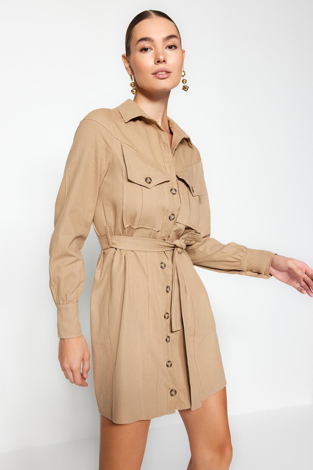 Beige Belted Knitted Shirt Dress, , large image number 1