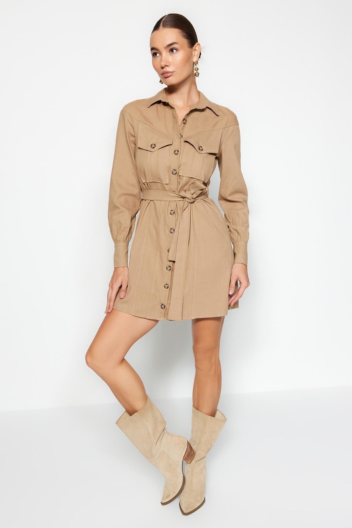 Beige Belted Knitted Shirt Dress, , large image number 2
