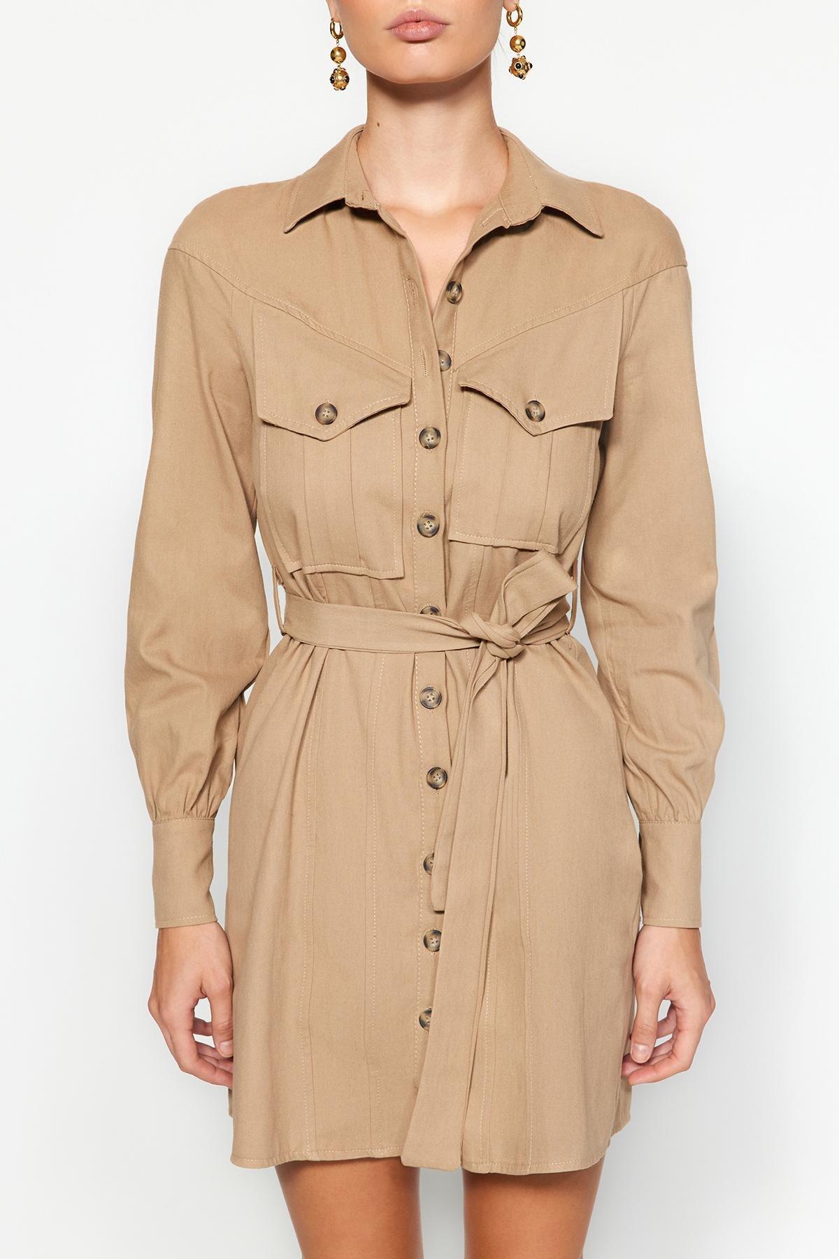 Trendyol - Beige Belted Knitted Shirt Dress