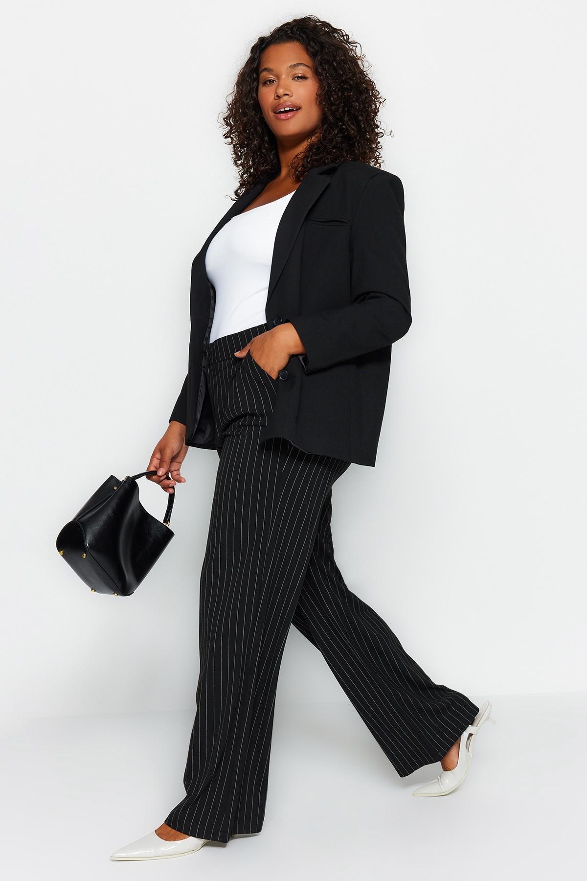 Black Striped Woven Trousers, , large image number 1