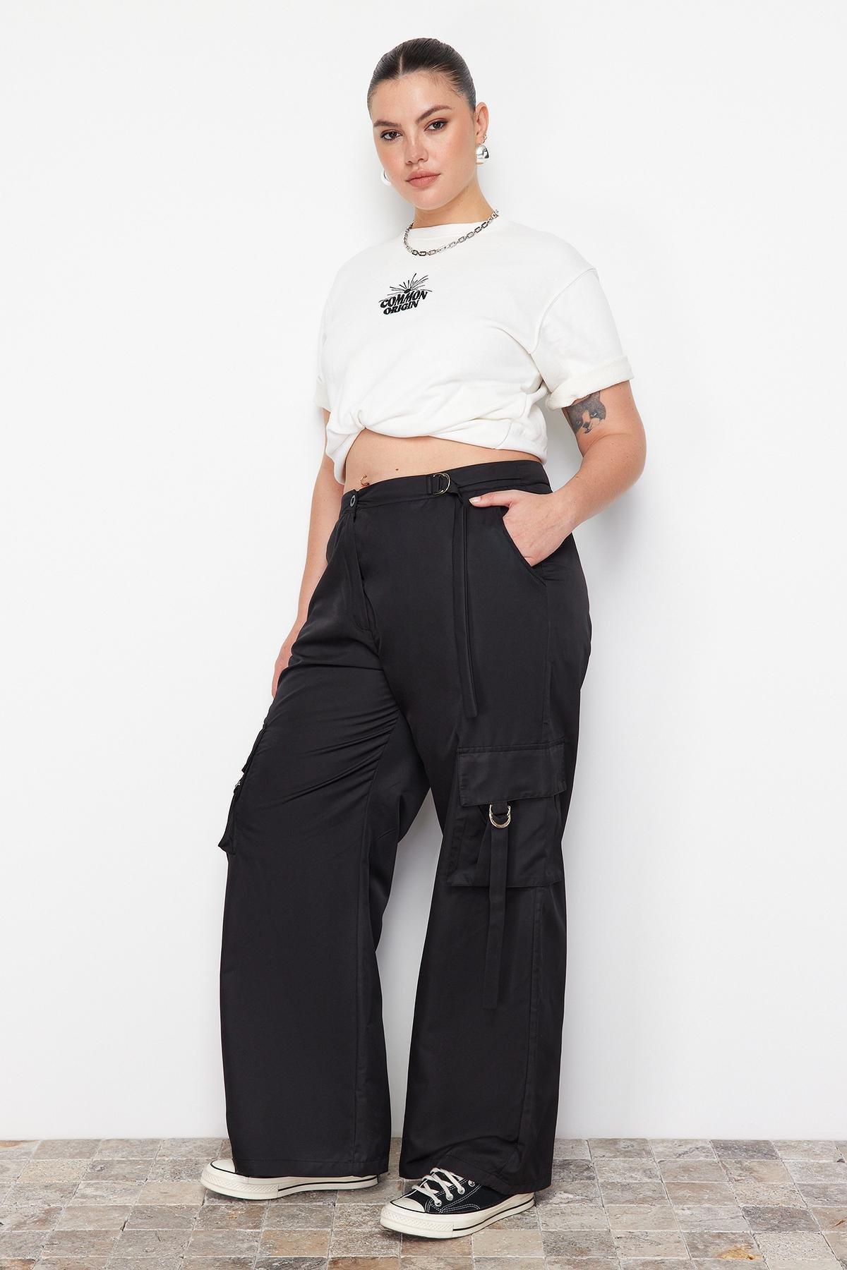 Black Wide Leg Weave Parachute Pants, , large image number 2