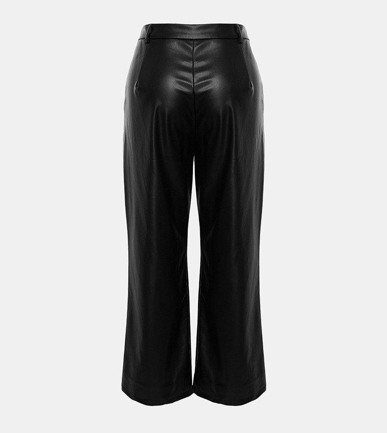 Black Wide Cut Faux Leather Trousers, , large image number 2