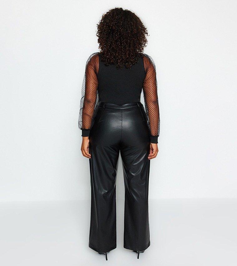 Black Wide Cut Faux Leather Trousers, , large image number 3