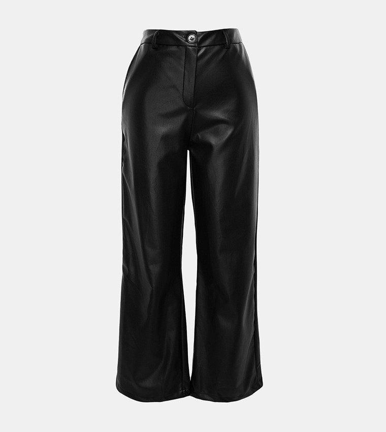 Black Wide Cut Faux Leather Trousers, , large image number 4
