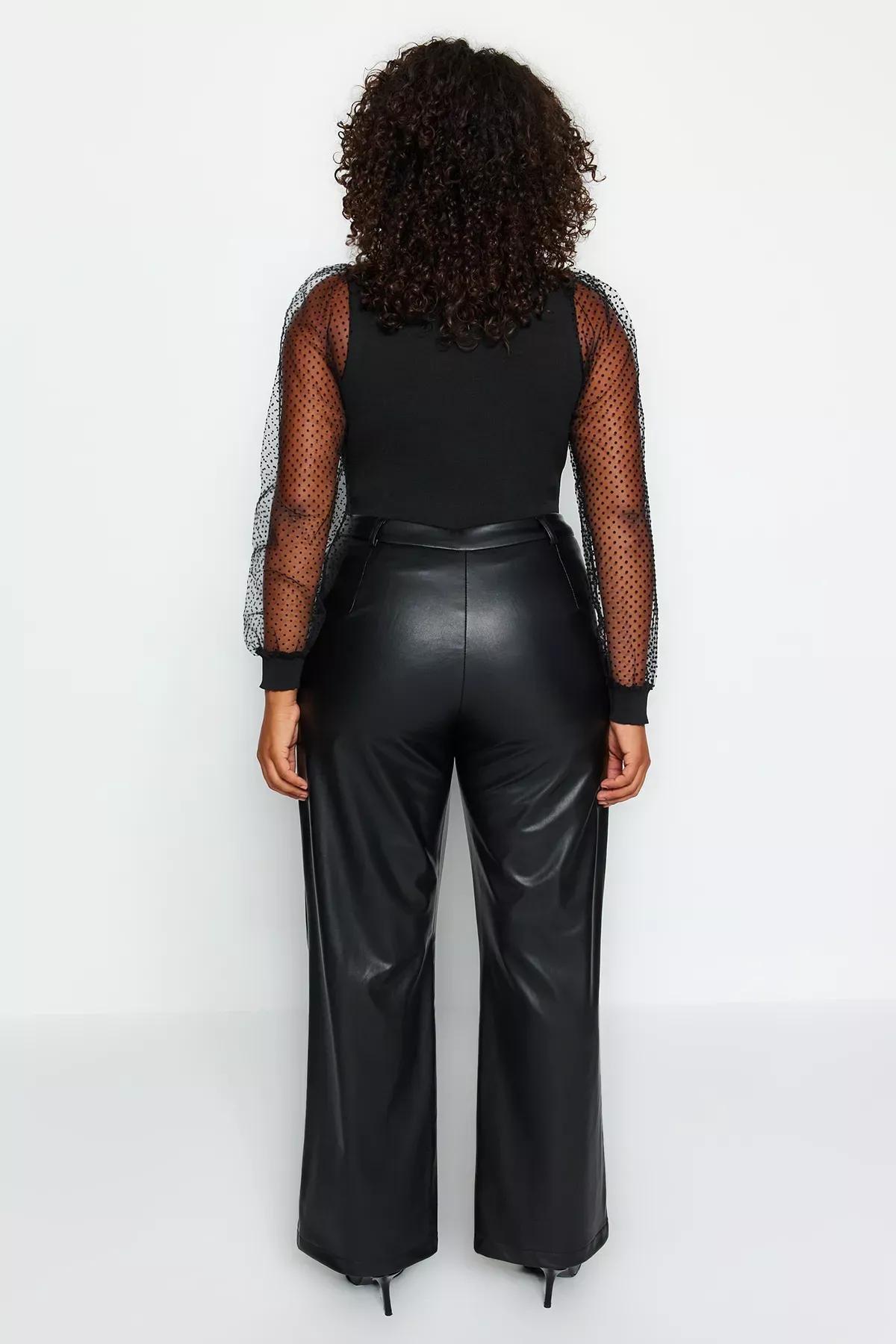 Black Wide Cut Faux Leather Trousers, BLACK, large image number 4