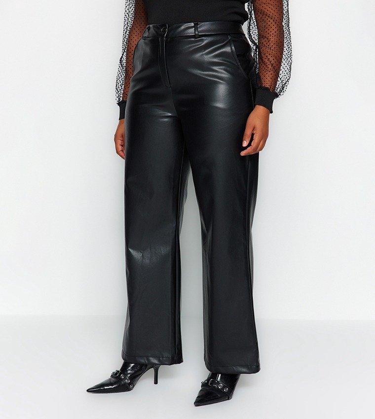 Black Wide Cut Faux Leather Trousers, , large image number 5