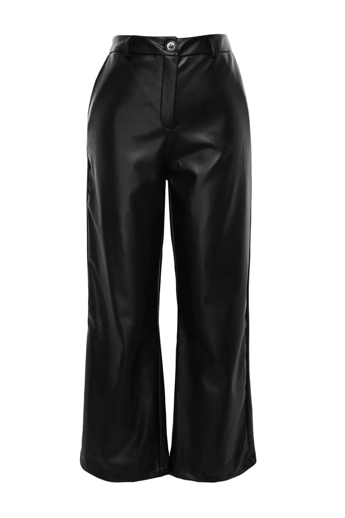 Black Wide Cut Faux Leather Trousers, BLACK, large image number 5