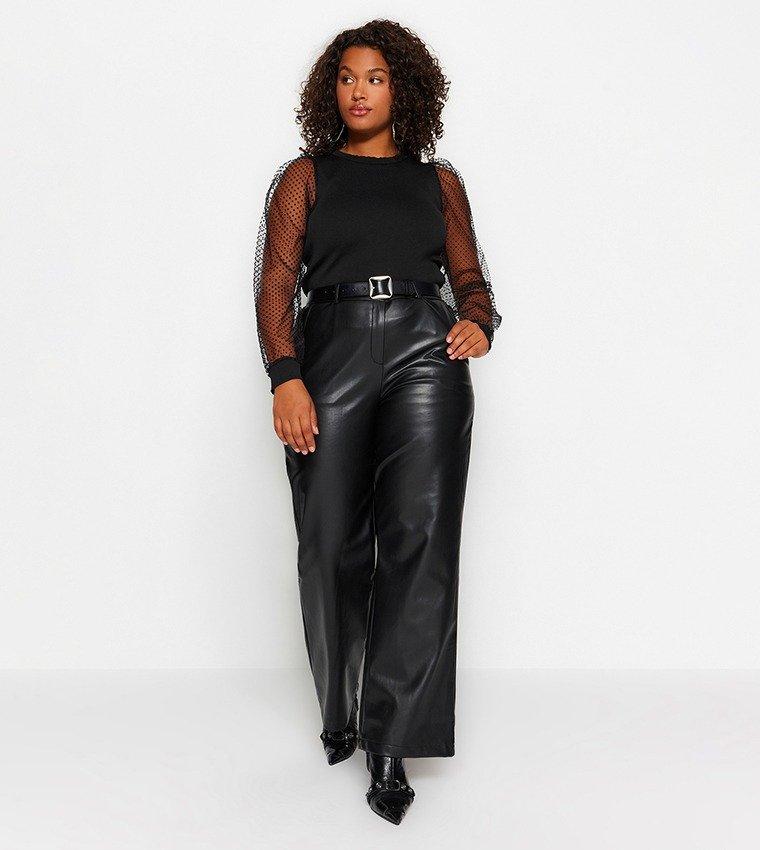 Black Wide Cut Faux Leather Trousers, , large image number 6
