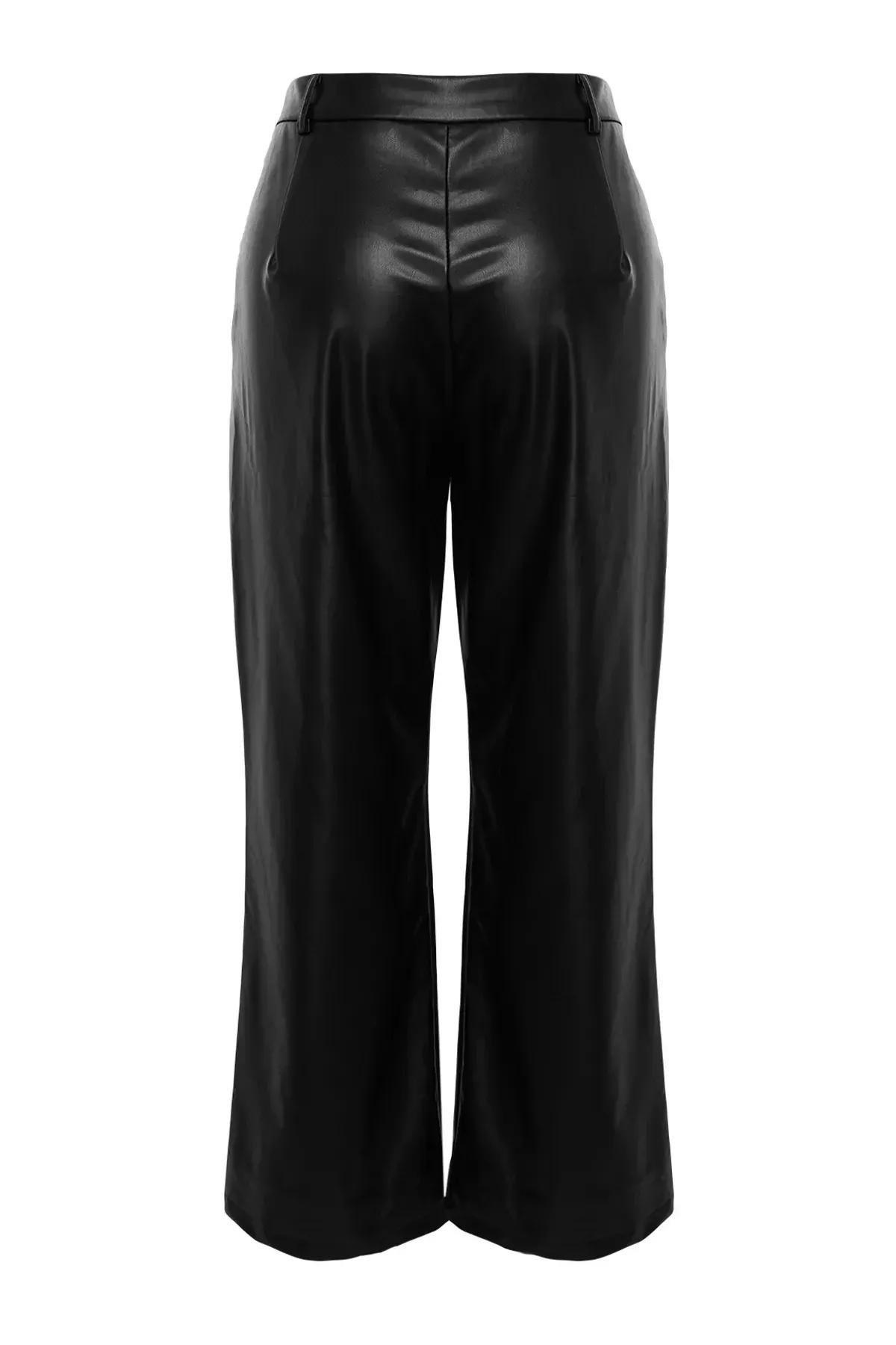 Black Wide Cut Faux Leather Trousers, BLACK, large image number 6
