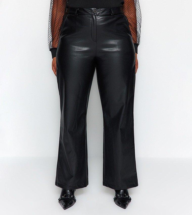 Black Wide Cut Faux Leather Trousers, , large image number 8