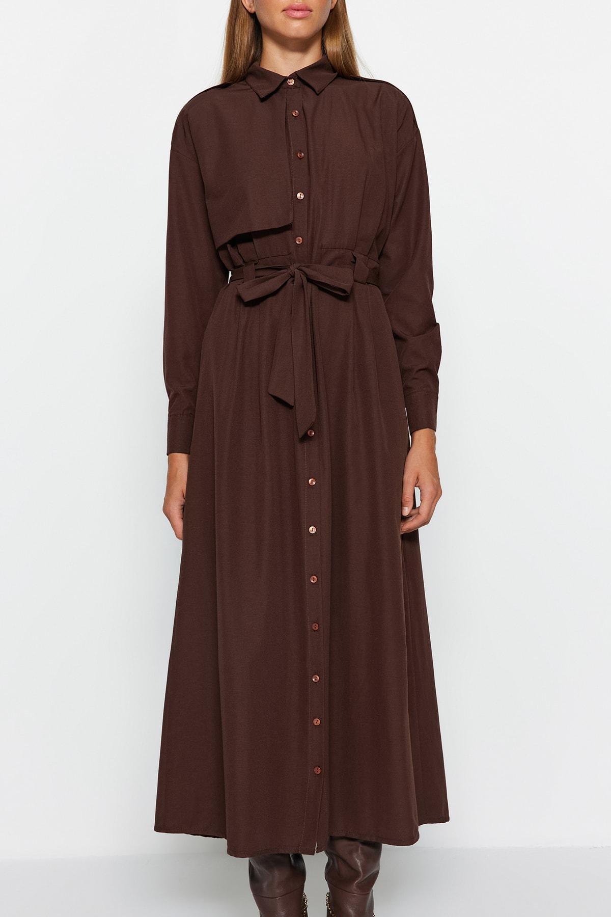 Trendyol - Brown Belted Aller Patterned Woven Dress