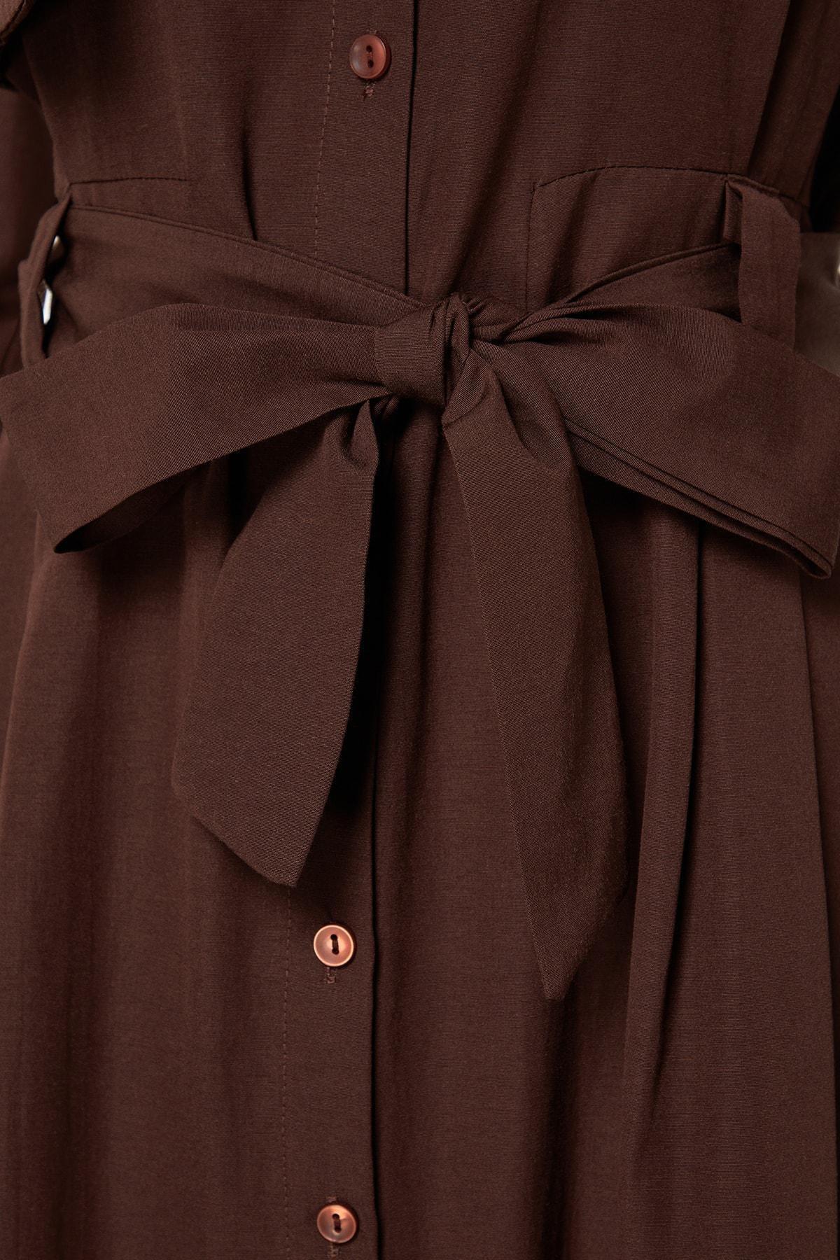 Trendyol - Brown Belted Aller Patterned Woven Dress
